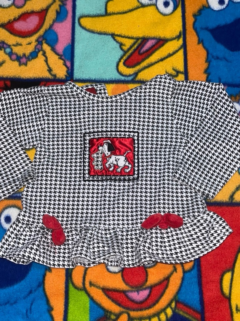 101 Dalmations Black & White Houndstooth Ruffle Baby Top with Red Puppy Patch